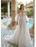 Strapless Ivory Lace Tulle Wedding Dress With Puffy Sleeves